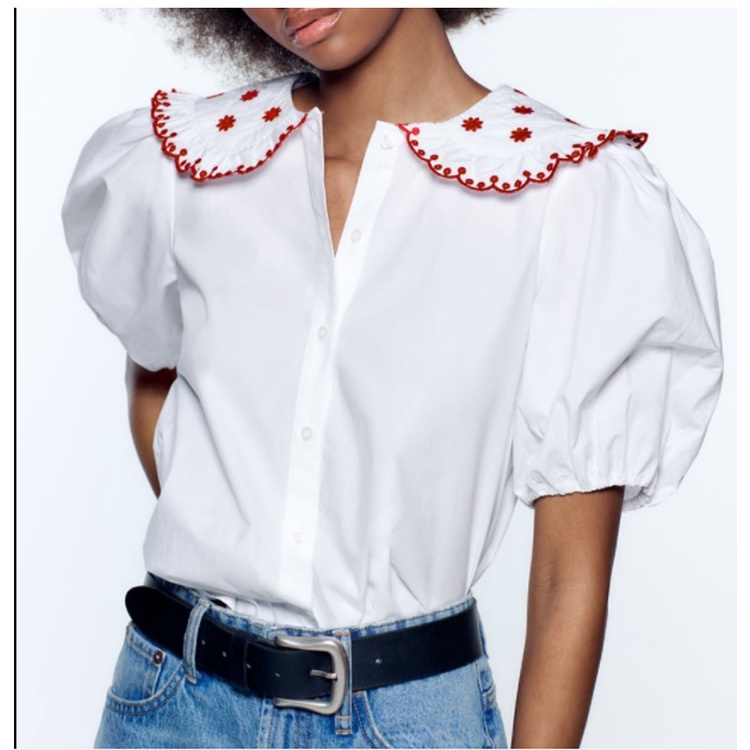 Zara Áo Sơ Mi Trắng Tay Phồng Thêu Họa Tiết Thời Trang Mùa Hè Cho Nữ 0881425Áo blouse