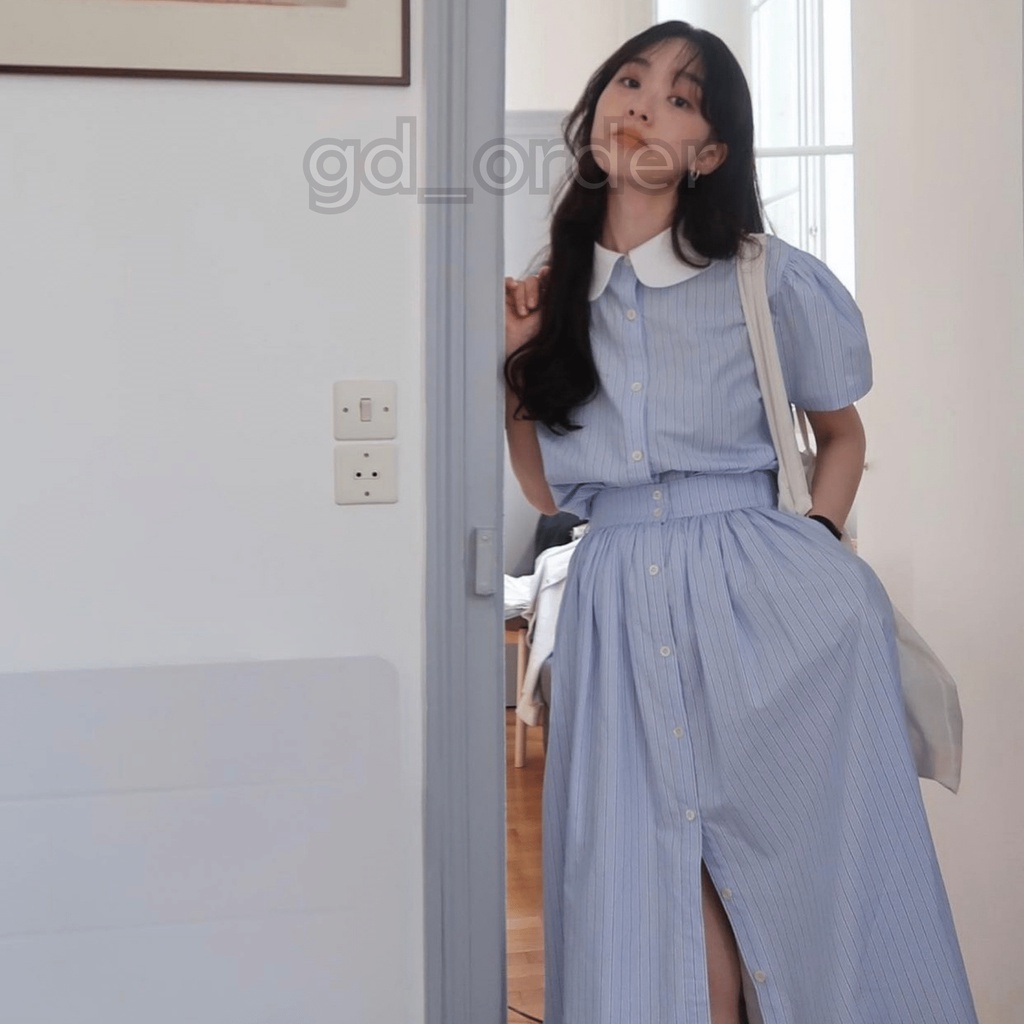 B32|Set bộ kẻ sơ mi tiểu thư mùa hè đơn giản ngắn tay kèm chân váy dài gd_order