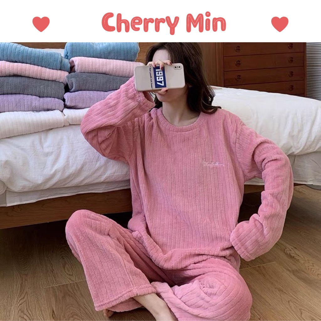 [Video] Bộ đồ nỉ bông lông cừu gân tăm ống suông không bo gấu, bộ đồ mặc ở nhà siêu ấm CHERRY MIN