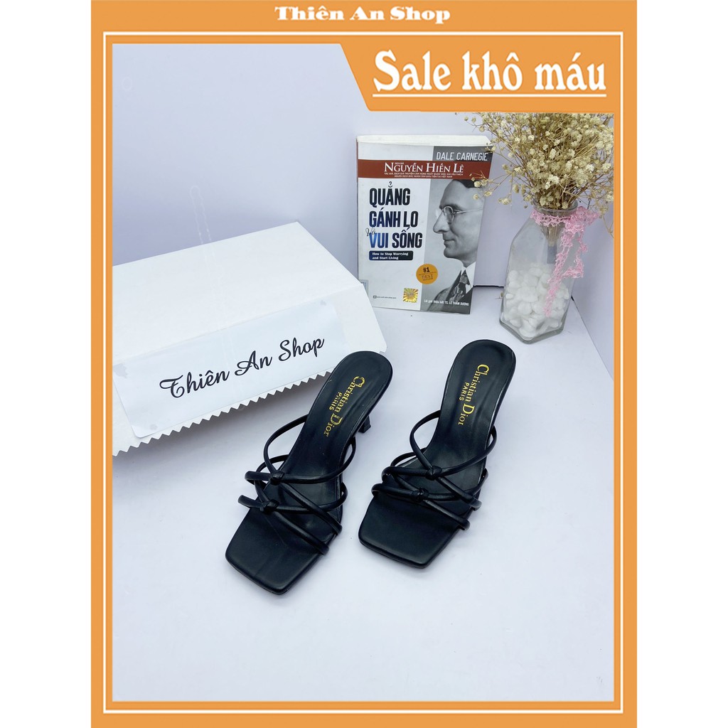 Giày cao gót Thiên An mũi vuông phối dây quai mảnh cao 5cm màu đen và vàng bò