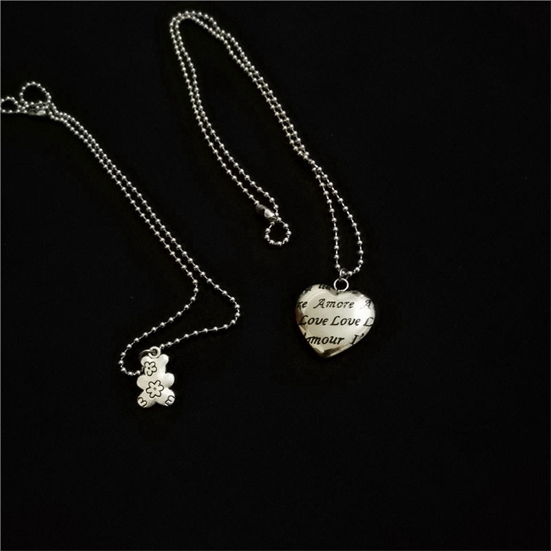 Dây chuyền 2 tầng mặt trái tim và gấu họa tiết hoa cổ điển phong cách hip-hop