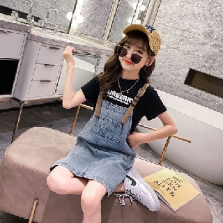 Bộ Áo Thun Cotton Mềm + Chân Váy Yếm Denim Thời Trang Mùa Hè 2020 Dành Cho Bé Gái