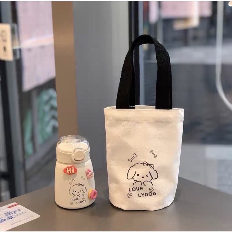 Túi vải canvas mini đựng bình nước cốc trà sữa bảo vệ môi trường dễ thương