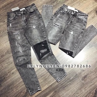 Quần bò đen xám rách gối