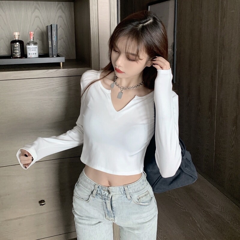 Áo croptop tăm dài tay nữ  Áo cổ V tay dài chất len tăm len gân