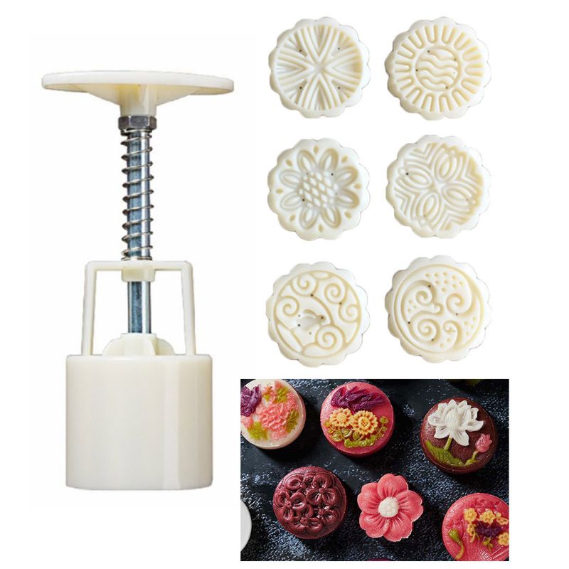 Bộ khuôn nhấn và khuôn in làm bánh trung thu họa tiết hoa diy 50g