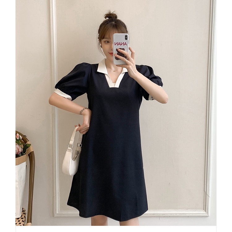 Đầm Polo Cổ Vuông Phối Màu Vai Bồng 🦋 Váy Nữ Dáng Suông Cộc Tay Màu Đen 🦋 | BigBuy360 - bigbuy360.vn