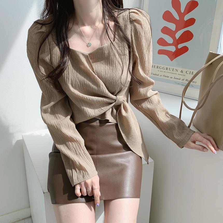 Áo kiểu cổ vuông dài tay dáng rộng thời trang Hàn Quốc dành cho nữ