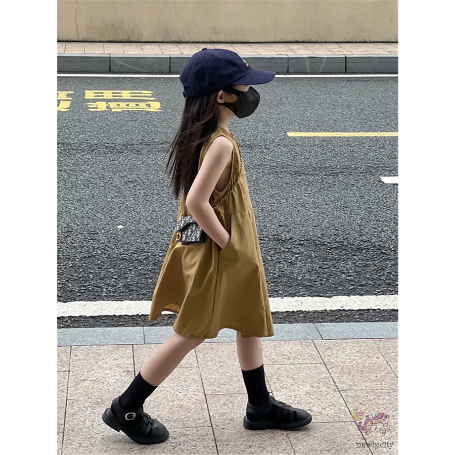 Đầm Không Tay Phối Túi Dễ Thương Thân Thiện Với Da Phong Cách Hàn Quốc Dành Cho Bé Gái