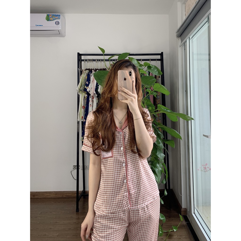 Bộ Pijama lụa giấy NOHK cao cấp mặc nhà cộc tay quần dài kẻ caro