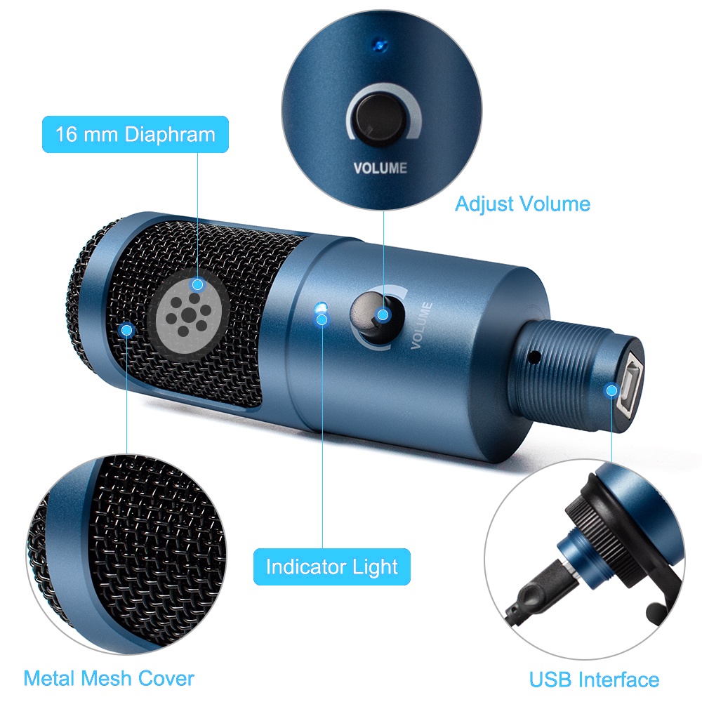 Ghi âm USB Condenser Micrô micrô phòng thu chuyên nghiệp cho máy tính PC Máy tính xách tay Podcasting giọng nói cho Youtube