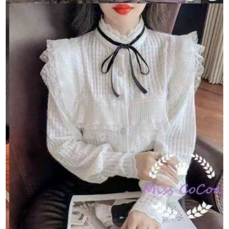 Áo sơ mi ren lông cột nơ - Hàng Quảng Châu L1