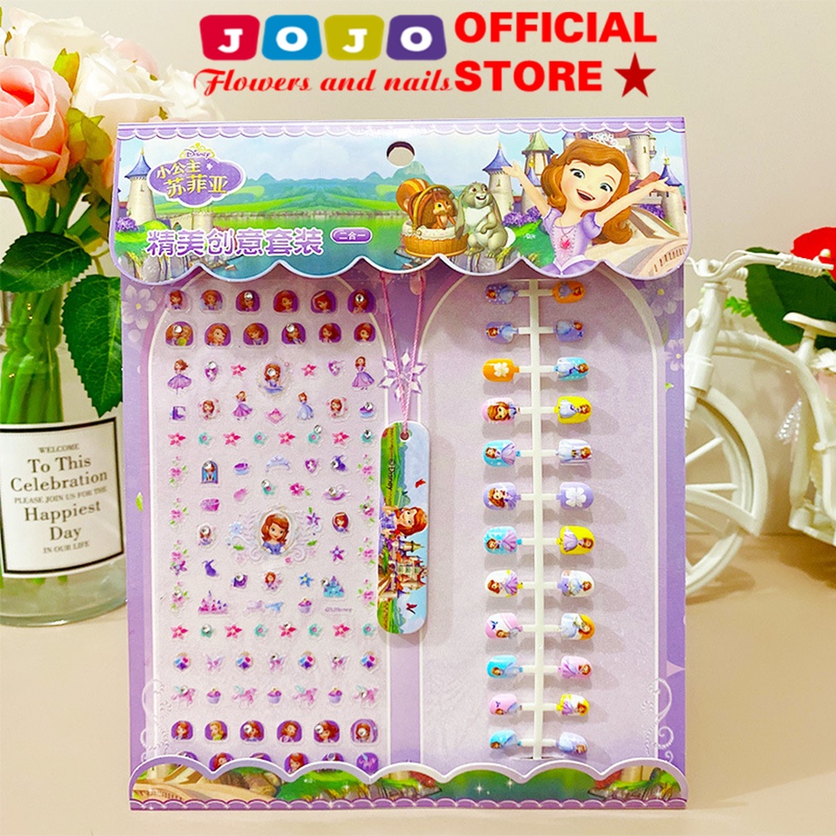 Set 24 móng tay giả trẻ em có gắn keo kèm dũa và tấm sticker dán móng hình công chúa cho bé