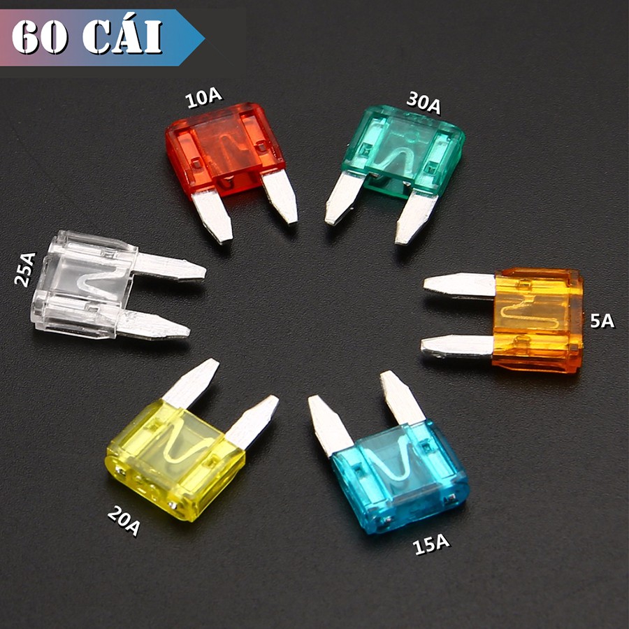 Set 60 Cầu Chì Lưỡi Mini 5A 10A 15A 20A 25 / 30A Chuyên Dụng Cho Xe Hơi Xe Tải
