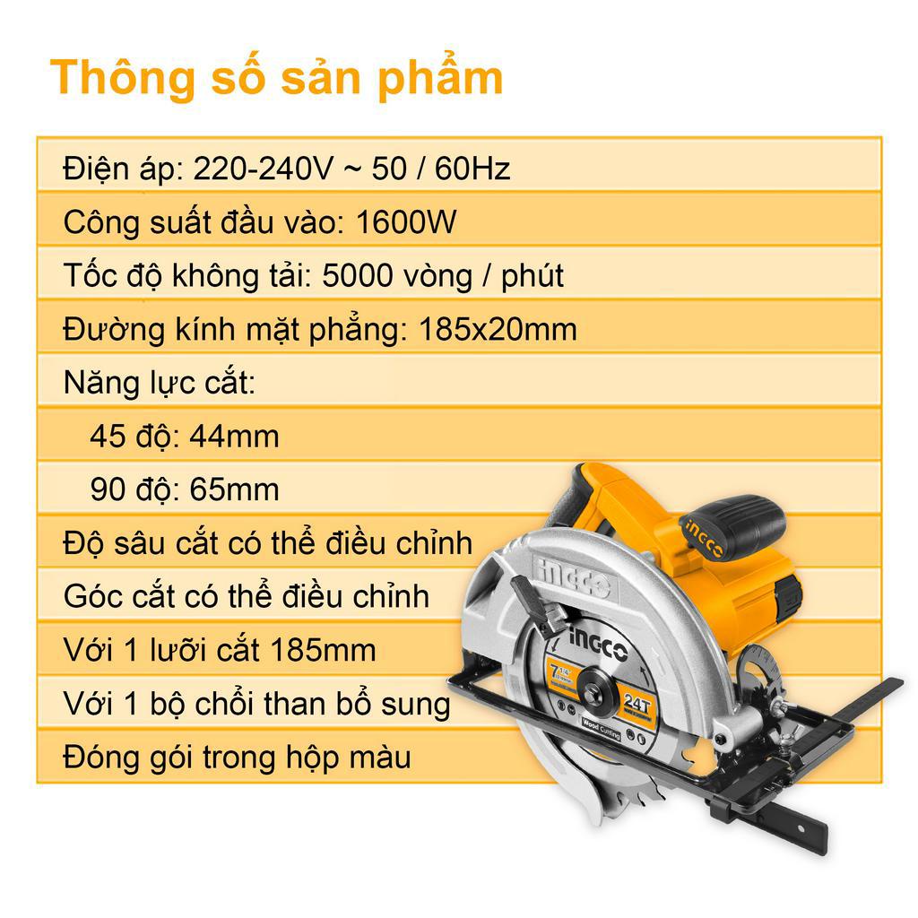 Máy cưa đĩa cầm tay INGCO CS18568 công suất 1600W kèm theo 1 lưỡi cắt 185mm và 1 bộ than