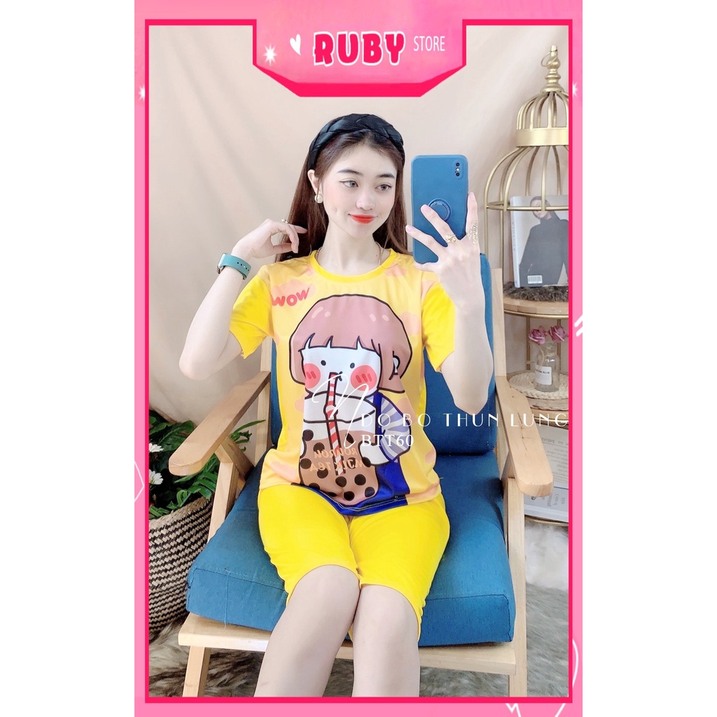 Đồ bộ nữ mặc nhà chất thun mềm mịn in hình bé trà sữa hoạt hình dễ thương Đồ bộ thun lửng BTT60
