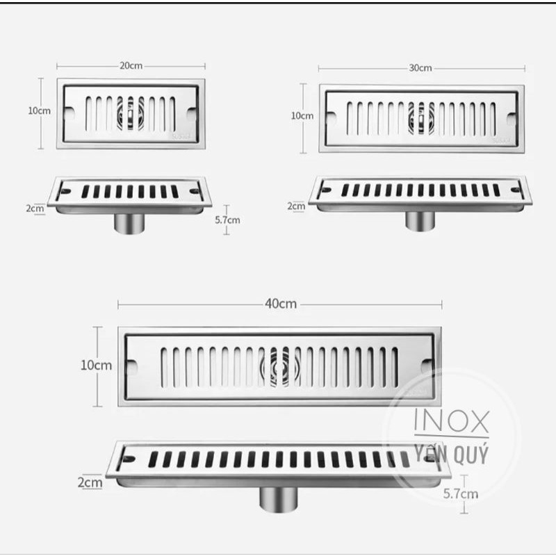 INOX 304 GA THOÁT SÀN HÌNH CHỮ NHẬT DÀI 20 /30/40/50/60 CM LỖ THOÁT CHỐNG MÙI HÔI