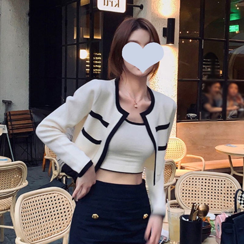 Set áo dây + áo khoác cardigan IELGY dệt kim màu sắc tương phản thời trang đơn giản