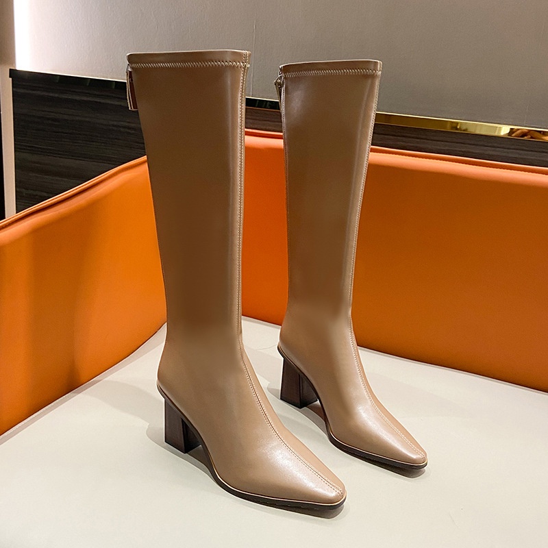 Giày bốt IELGY cao gót mũi nhọn ống cao phối dây kéo sau phong cách Hàn Quốc dành cho nữ