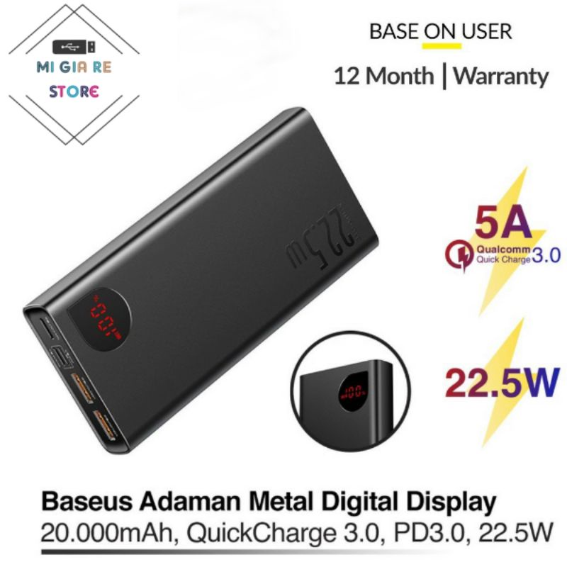 Pin dự phòng sạc nhanh Baseus Adaman Metal Digital Display Quick Charge 22.5W 20000mAh (QC3.0/ PD3.0 Power Bank)