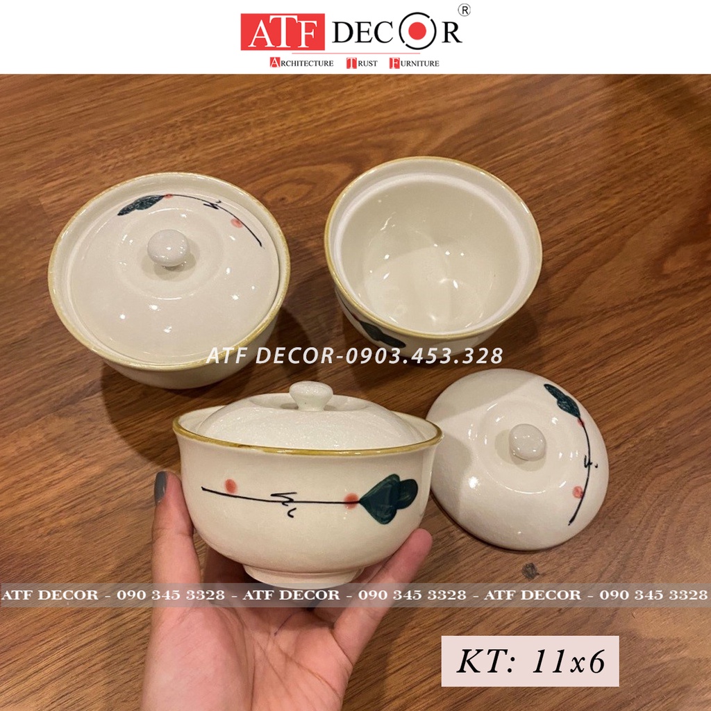 Thố sứ chưng yến/hũ chưng yến/bát ăn súp/bát chè có nắp đậy men kem sứ Bát Tràng vẽ hoa cherry - ATF Decor