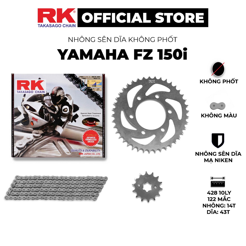 Nhông Sên Dĩa RK Takasago chain dành cho xe máy Yamaha FZ 150i, 10 ly thép không phốt cao su