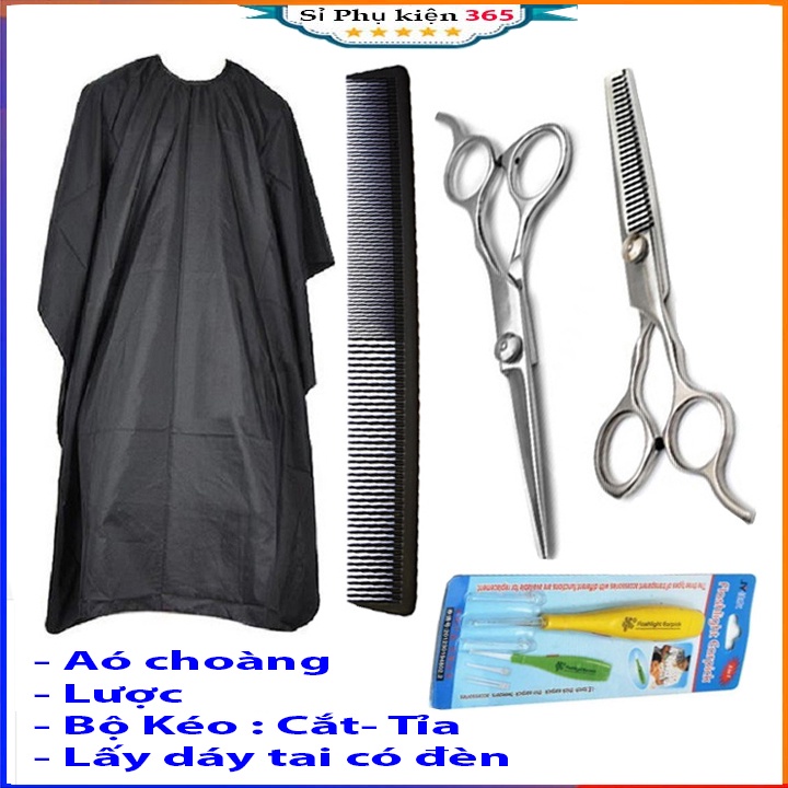 [COMBO ]Kéo cắt tỉa tóc ,lược, áo choàng và ráy tai có đèn Led