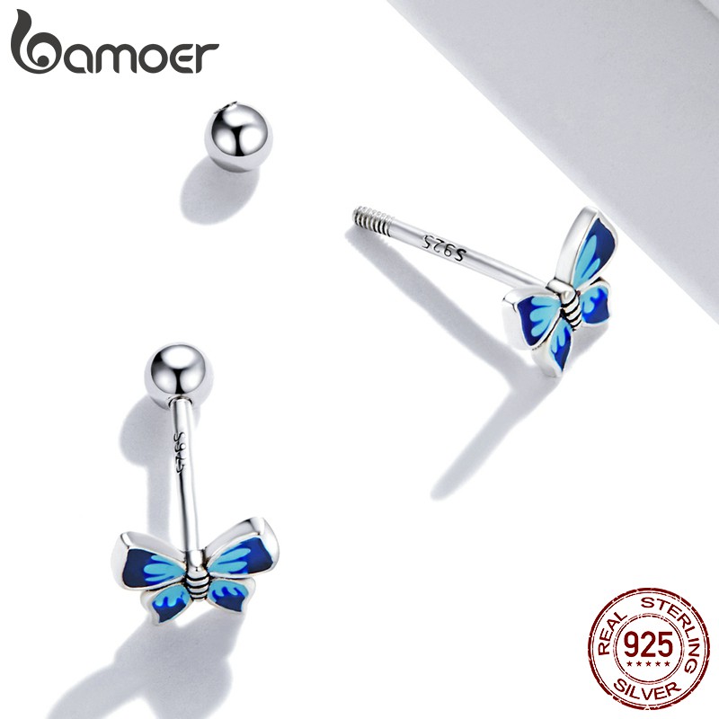 Đôi bông tai Bamoer Sce1285 bằng bạc 925 hình bướm đính đá màu xanh dương thời trang cho nữ
