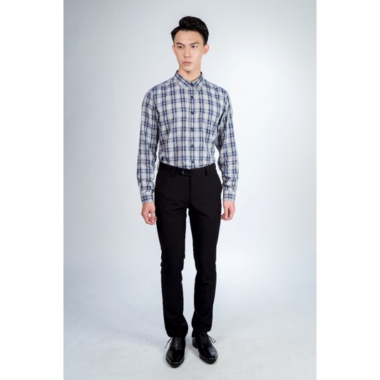 Áo Sơ Mi Nam Dài Tay Owen AR61047DT Xám Kẻ Caro Xanh Than Dáng Regular Fit Có Túi Vải Sợi Tre