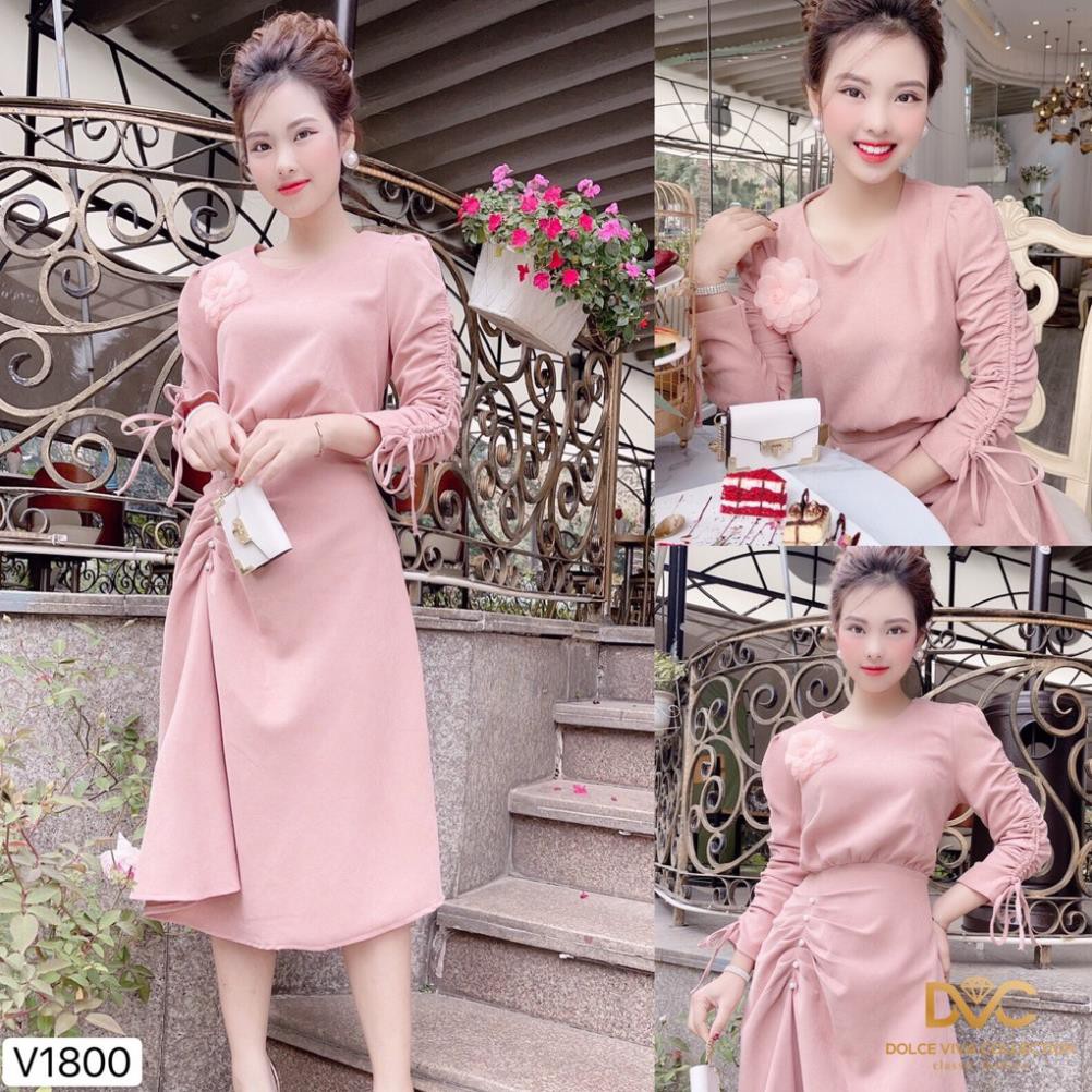 Váy hồng tay eo rút dây V1800 - váy dvc (Kèm ảnh thật trải sàn do shop tự chụp) chính hãng