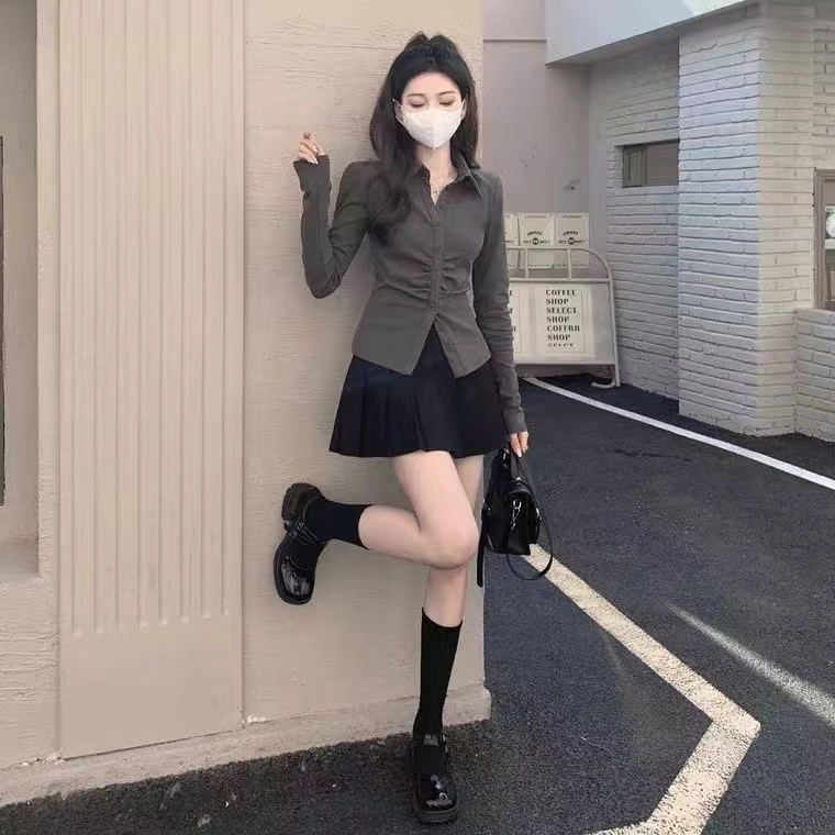 Áo Sơ Mi Tay Dài + Chân Váy Xếp Ly Thời Trang Hàn Quốc Cho Nữ