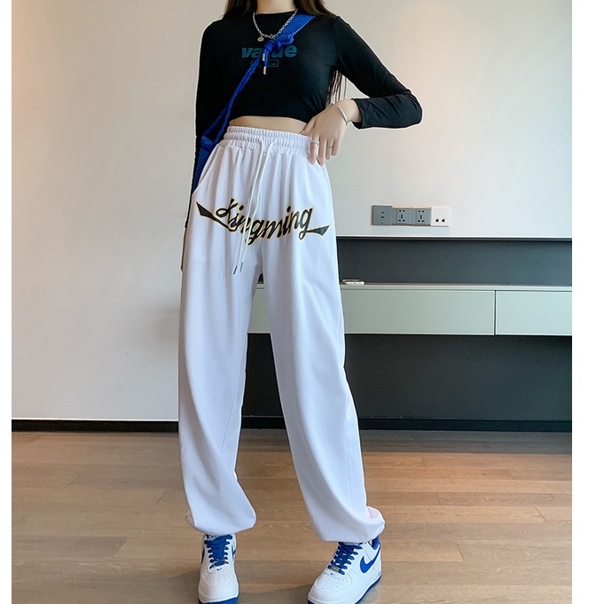Quần ống rộng Lưng Cao In Chữ Phong Cách retro Mỹ Cho Nữ