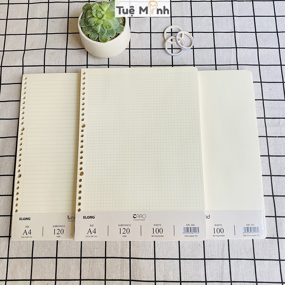 Ruột sổ còng Klong A4 tập 100 tờ 200 200 trang caro/dotgrid/ kẻ ngang VPPTUEMINH, giấy refill binder Klong 120gsm