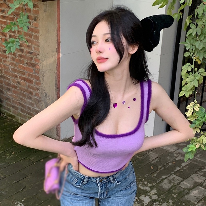 Áo Croptop Dệt Kim Cổ Chữ U Dáng Ôm Thời Trang Quyến Rũ Cho Nữ