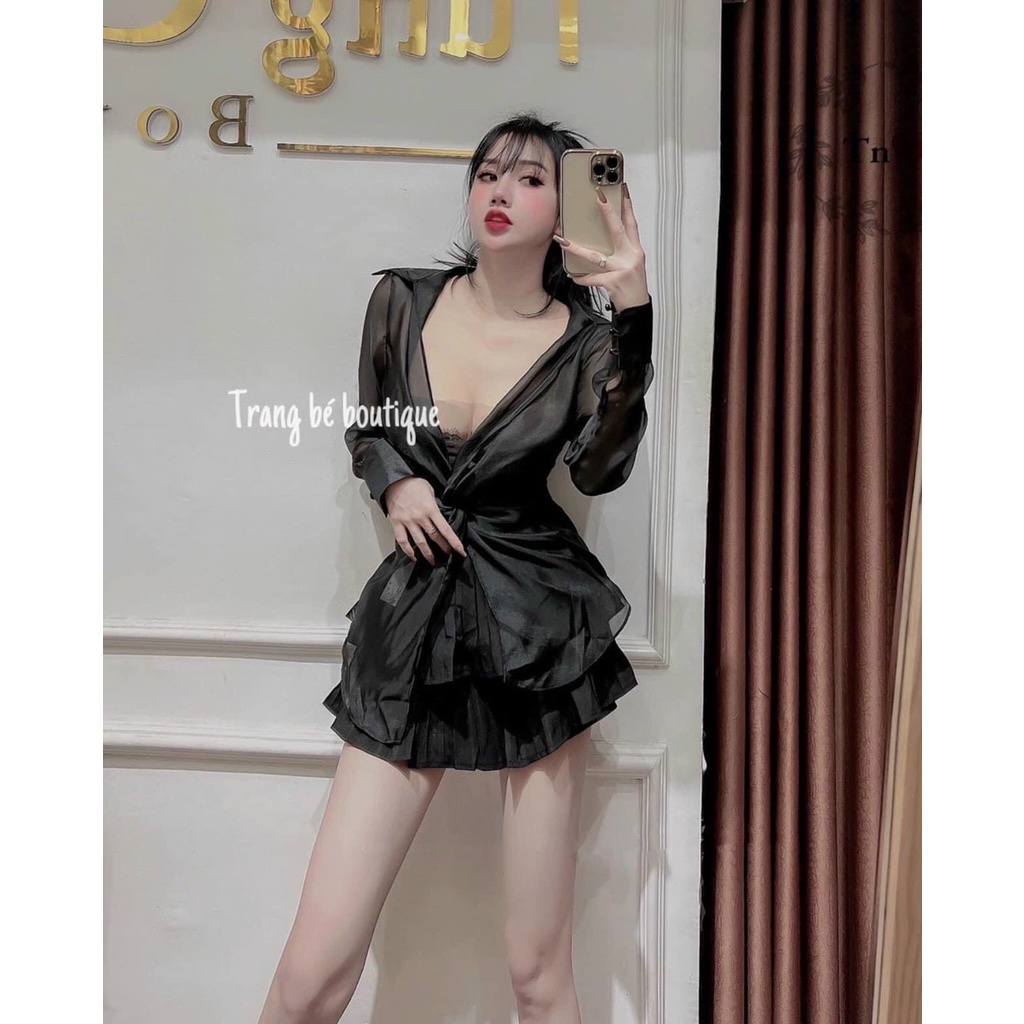 Set áo kiểu sơ mi tay dài form rộng xoắn eo kèm áo ống ren sang chảnh