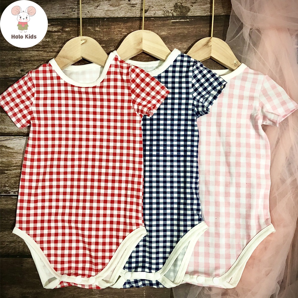 Bodysuit cộc tay vải kẻ caro cho bé trai và bé gái hàng xuất dư