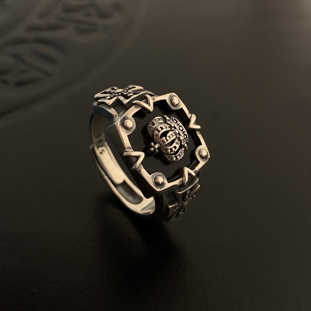 Nhẫn Hở Hình Vương Miện Onyx Bạc S925 Phong Cách Hip Hop Cổ Điển Thời Trang Hàn Quốc Cho Nữ