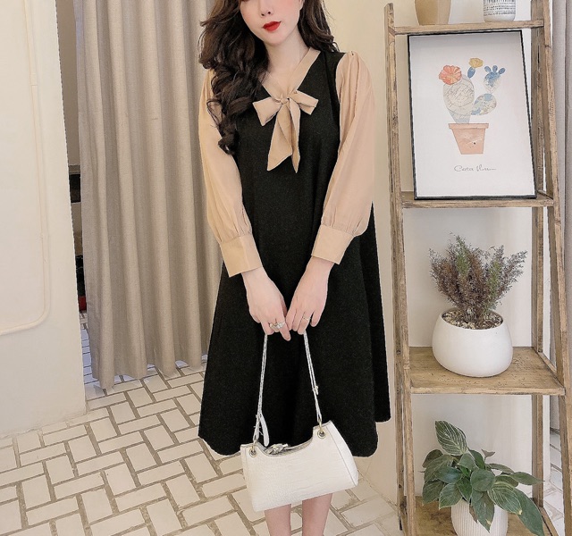 Váy đũi nơ dài tay phối mầu sang chảnh | BigBuy360 - bigbuy360.vn
