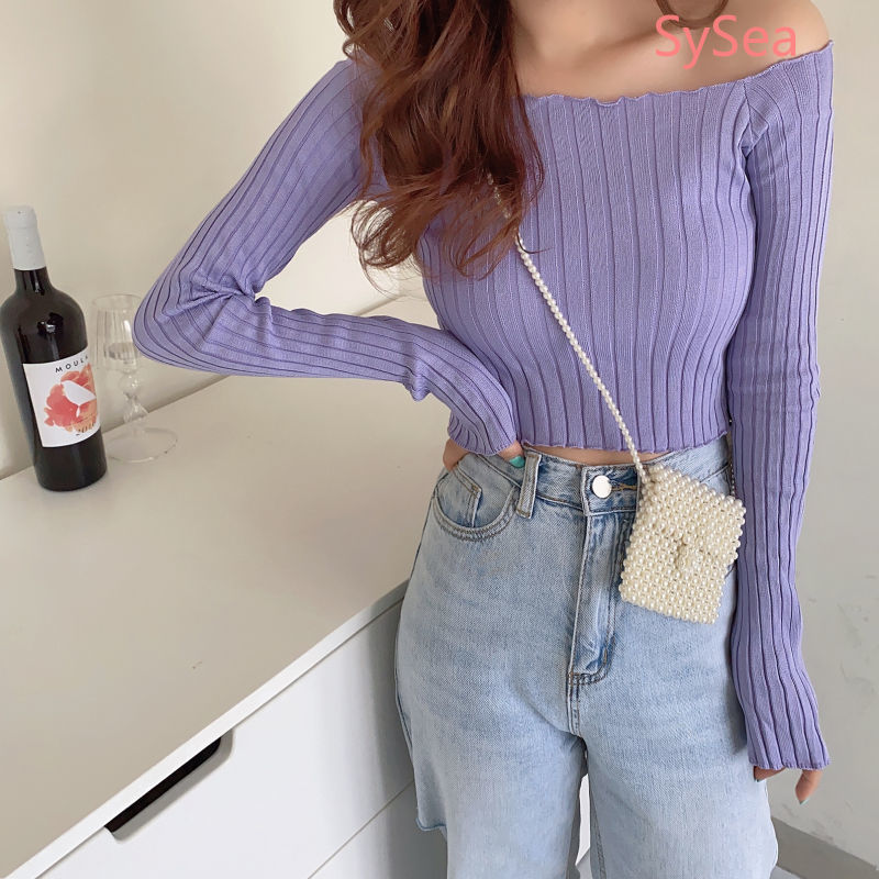 Áo Dệt Kim Tay Dài Trễ Vai Màu Tím Quyến Rũ Cho Nữ