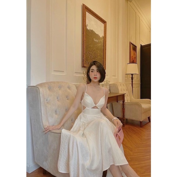 Đầm midi hai dây khoét,váy midi đi du lịch 3 màu sàn