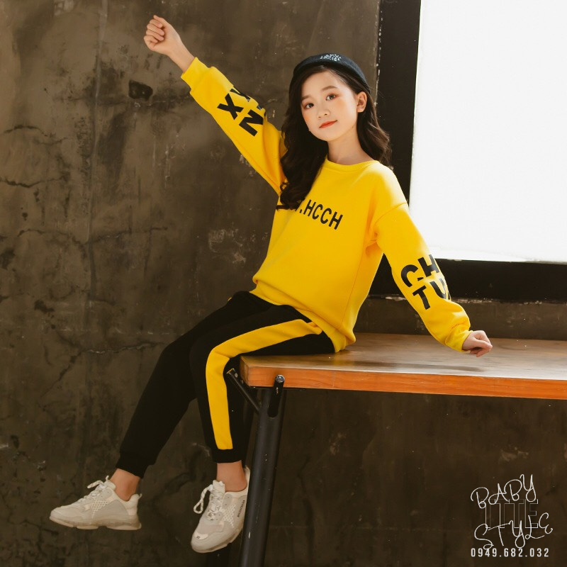 Bộ quần áo nỉ thu đông &quot;BEHT&quot; 14-45kg cho bé gái 4-15 tuổi. Vải da cá dày dặn. Ấm áp. G37