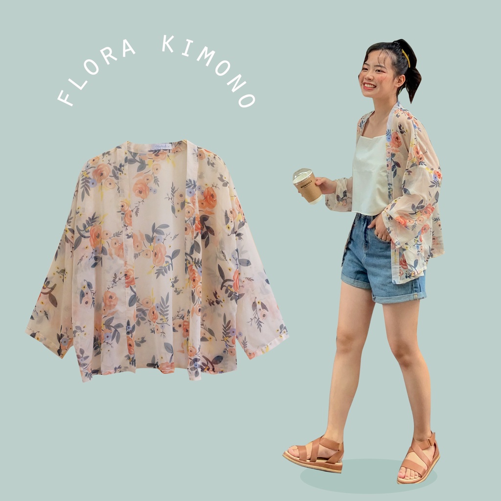 BLEUBIRD Áo khoác dáng Kimono vải voan hoạ tiết hoa Flora Kimono