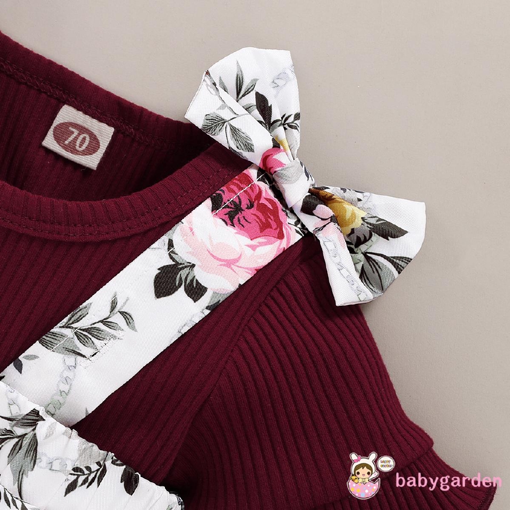 Bộ áo thun tay nhún bèo và quần yếm hoạ tiết hoa đính nơ xinh xắn cho bé gái