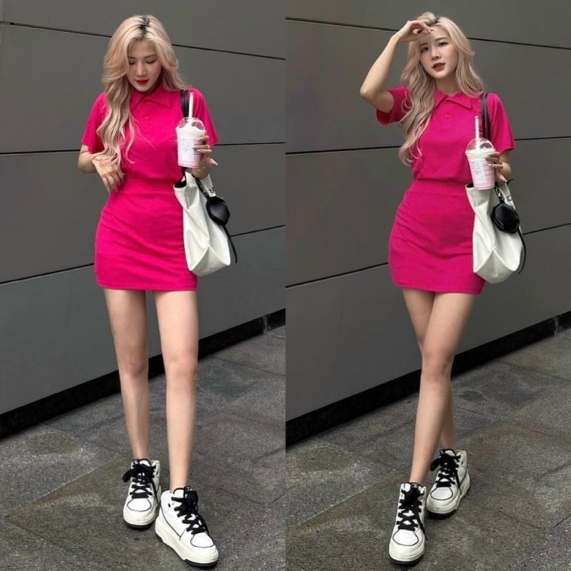 .Set ôm body áo thun polo có cổ +chân váy ngắn đen hồng cánh sen thời trang teen hot girl năng động thể thao dễ thương M