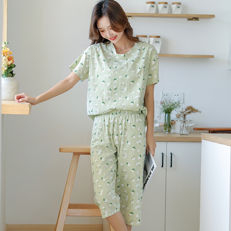 Bộ Đồ Ngủ Ngắn Tay Bằng Vải Cotton Họa Tiết Hoa Phong Cách Nhật Bản Dành Cho Nữ