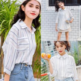Áo Sơ Mi Nữ Tay Lỡ Họa Tiết Sọc Dọc Thời Trang