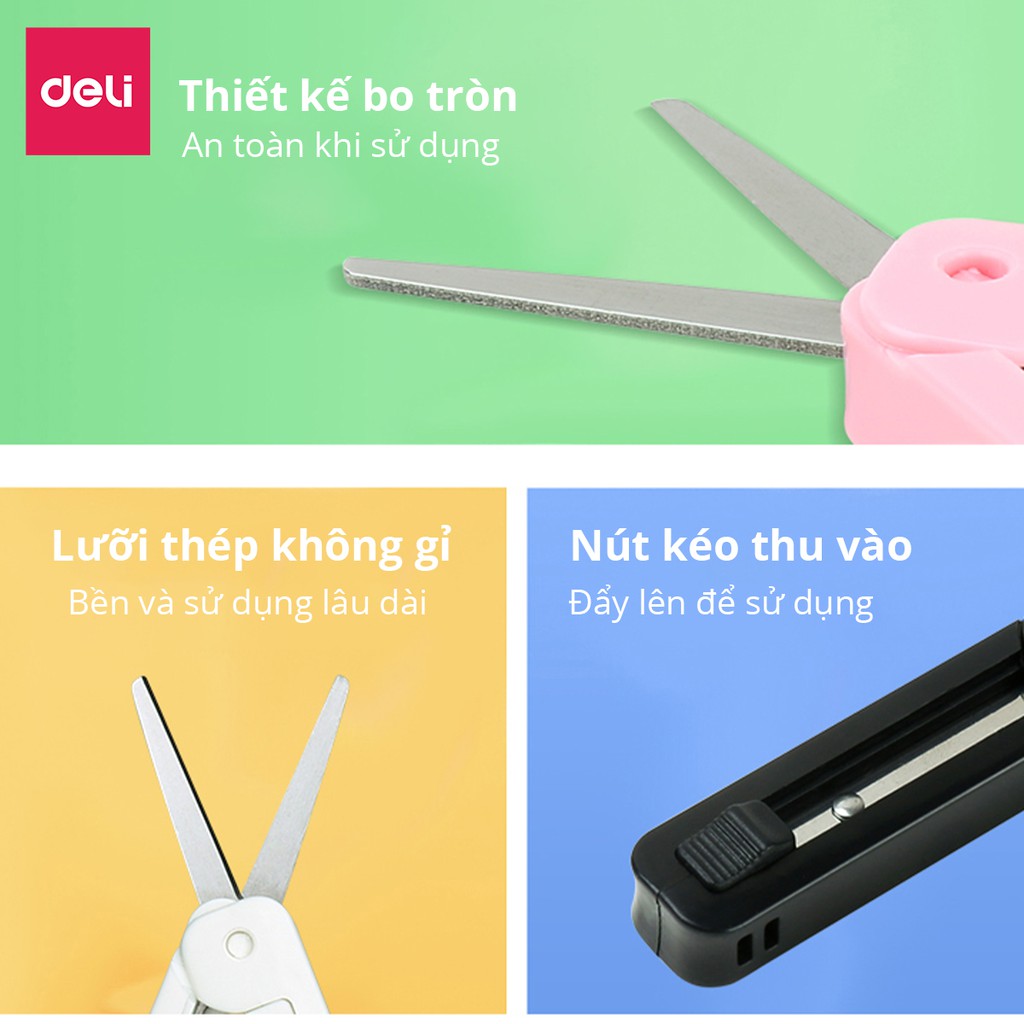 Kéo mini tiện lợi 105mm Deli - 4 màu Đen/ Xanh/ Hồng/ Trắng - dành cho văn phòng, học sinh, sắc bén, tiện lợi - 6072