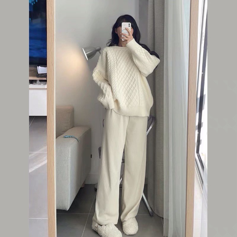 Áo len nữ phom dáng rộng chất dày cổ tròn chui đầu phong cách Hàn hàng Quảng Châu