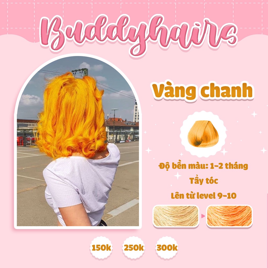 Thuốc nhuộm tóc màu Vàng chanh rực rỡ cần dùng Thuốc tẩy tóc sản phẩm độc quyền tại Buddyhairs, tặng kèm găng tay,