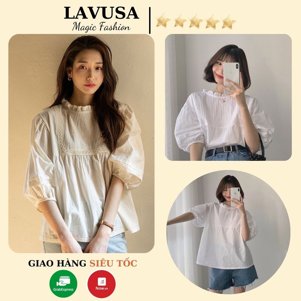 Áo Babydoll Tay Lỡ Tiểu Thư Xếp Ly Ngực 🌺 Áo Sơ Mi Trắng Tay Bồng Lavusa